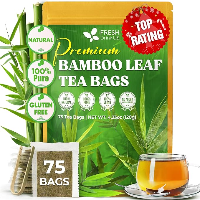 FreshDrinkUS, Premium Bamboo Leaf Tea Bags | 75 Count | Naturally Light & Refreshing Caffeine-Free Herbal Tea – From 100% Natural Bamboo Leaves. Sugar-Free. Vegan