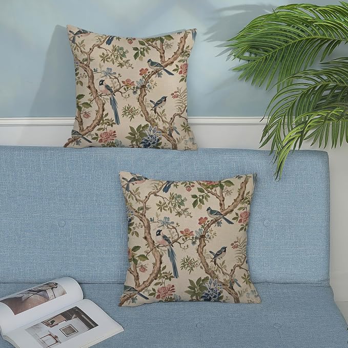 Navy Blue Green Flower Bird Pillow Covers 18x18 Set of 2 Chinoiserie Floral Throw Pillows Vintage Bird Decorative Pillow Cases Outdoor Chinoiserie Decor Farmhouse Cushion Case for Couch Sofa