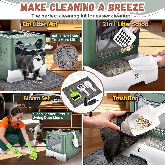 Covered Cat Litter Box, Extra Large Drawer Design with Dual Entry, Green | 13L litter capacity, adjustable door, leakproof structure, cleaning accessories, complimentary cat litter mat