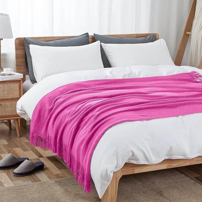 Vonty Hot Pink Knitted Blanket with Tassels Fringe 60" x 80", Super Soft Knit Throw Blanket, Farmhouse Decorative Lightweight Blanket for Couch, Sofa, Bed | Super Soft And Lightweight, Year-Round Cozy Warmth, Farmhouse Decorative Style, Machine Washabl...