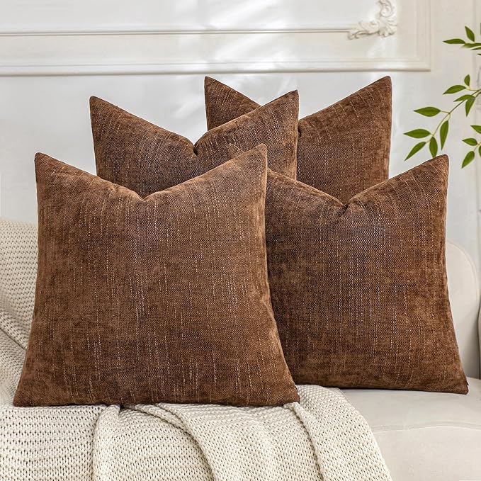 Set of 4 Soft Textured Decorative Throw Pillow Covers 18x18 Inch Cozy Farmhouse Cushion Cover Square Accent Pillow Cases for Bed Couch Sofa Living Room, Brown