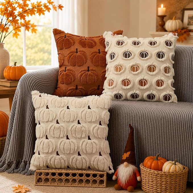 DFXSZ Fall Pillow Covers 24x24 2Pcs Beige Brown Pumpkin Fall Decorations | Fall decor Set of 2 Throw Pillow Cases Soft Plush Faux Fur Wool Couch Cushion for Chair Sofa Bedroom Living Room Home Decor