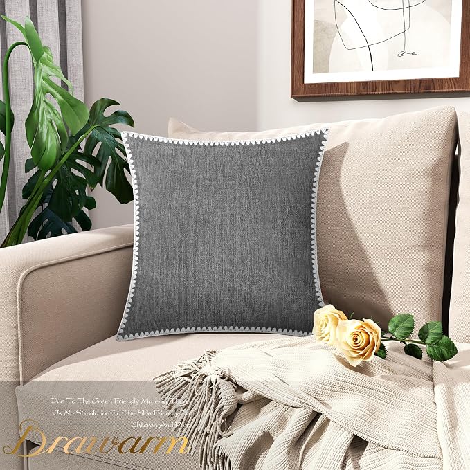 BRAWARM Chenille Throw Pillow Covers 20x20 Inches, Gray, 2 Pack | Decorative Pillow Covers with Shell Edge, Soft Cushion Cases for Sofa Bed Living Room Home Farmhouse (No Insert)