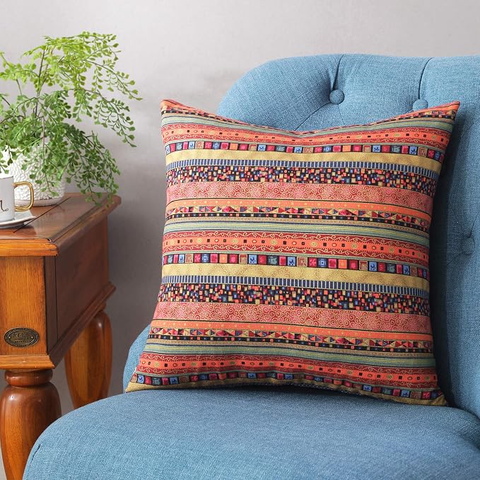 TAOSON Red Stripe Bohemian Style Antique Cotton Blend Linen Sofa Throw Pillowcase Cushion Cover Pillow Cover with Hidden Zipper Closure Only Cover No Insert 18x18 Inch 45x45cm