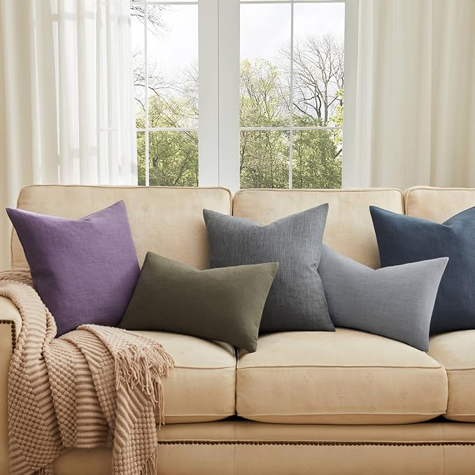 Rustic Linen Throw Pillow Covers Set of 2, Blue Ashes 24x24in | Textured Pillow Case, Rustic Cotton Linen Fabric, Modern Farmhouse Cushion Covers for Sofa Bed Living Room Home Decor