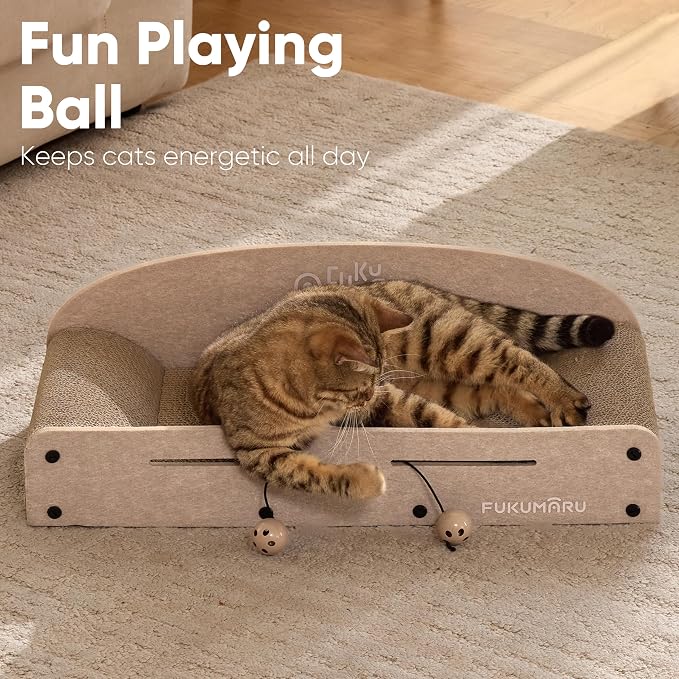 FUKUMARU Large Cat Scratcher Bed, 26 Inch Cat Scratching Bed Sofa Indoor | Cardboard Cat Scratcher with 2 Reversible Scratch Pad Refills, Durable Large Cat Scratching Lounger with Ball Toy, Beige