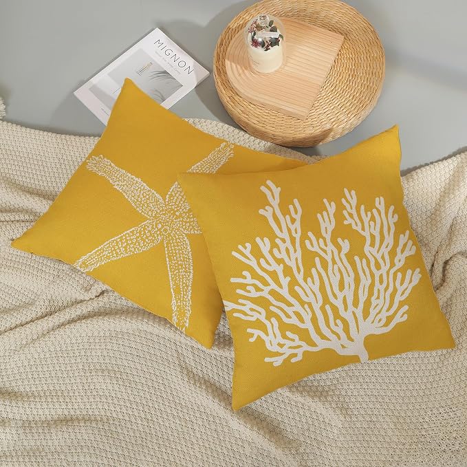 Coastal Pillow Covers 20x20 Set of 2 Yellow Coral Starfish Throw Pillows Nautical Ocean Decorations Summer Linen Beach Pillowcase Outdoor Decor Yellow Farmhouse Cushion Case for Home Bedroom