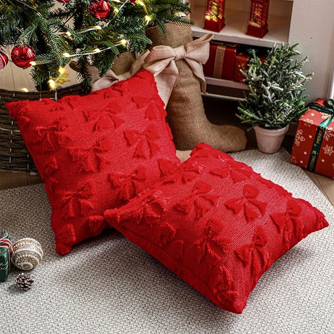 Mixweer Red Bow Pillow Covers Set of 2 Preppy Room Decor Coquette Cute Spring Summer Decorative Faux Fur Soft Bowknot Stuff Fluffy Plush Aesthetic Pillowcase for Bed Sofa Couch (18 x 18 Inch)