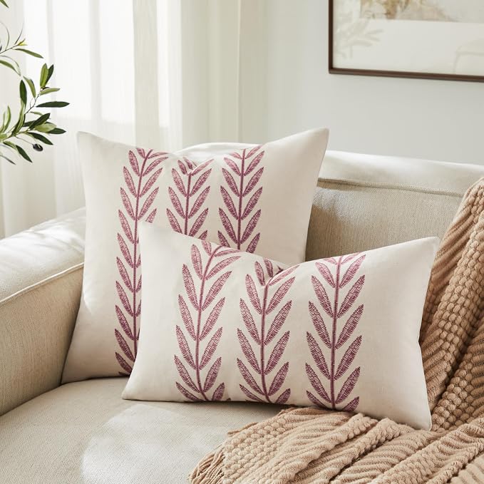 Farmhouse Leaves Throw Pillow Covers Set of 2, 16x16in Burgundy | 100% Organic Cotton, Rustic Accent Print Pillow Case, Pastoral Decorative Cushion Covers for Sofa Bed Living Room Home Decor