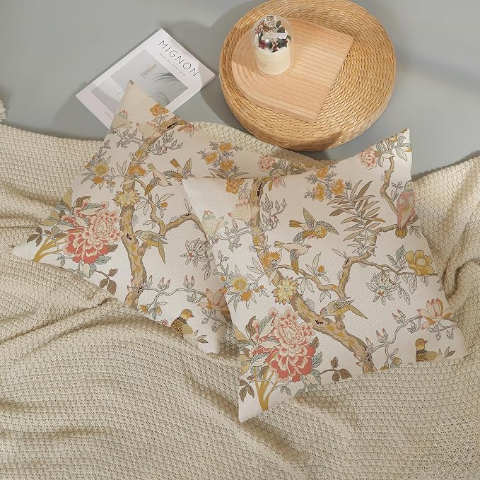 Chinoiserie Pillow Covers 18x18 Set of 2 Yellow Floral Bird Throw Pillows Green Vintage Flowers Bird Decorative Pillowcase Outdoor Chinoiserie Decoration Farmhouse Cushion Case for Couch Home