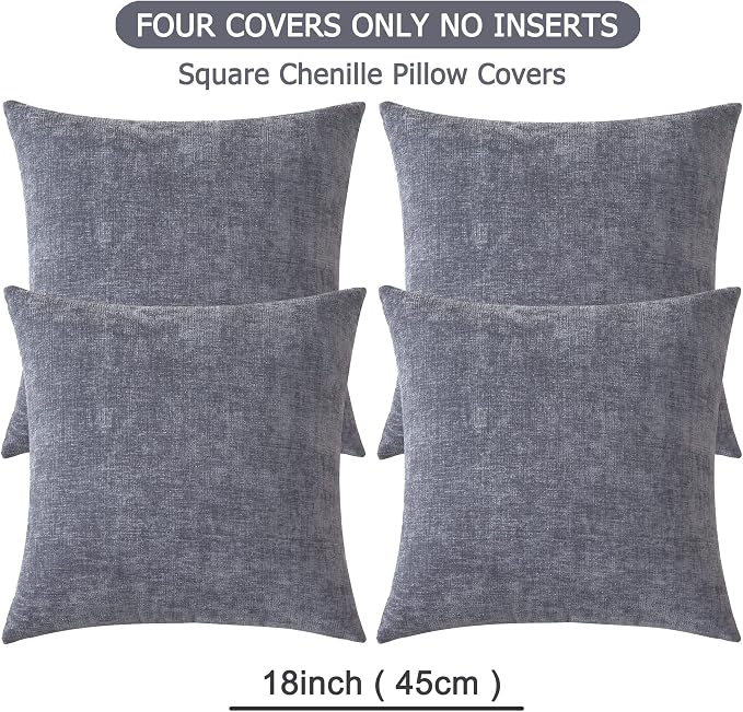 GAWAMAY Decorative Square Throw Pillow Covers 18"x18" Inch Set of 4, Super Soft Chenille Pillows Cover Fall Pillowcase for Living Room Bedroom Sofa Couch Cushion Cover Grey 45x45cm (No Insert)