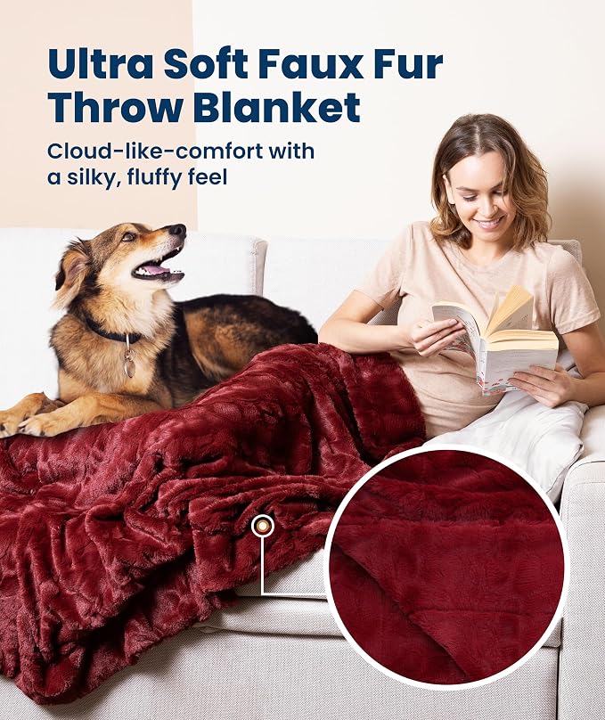 Everlasting Comfort Soft & Comfortable Red Faux Fur Throw Blanket for Couch - (50"x65") Minky & Fluffy Fall Blankets & Throws, Plush Fuzzy Cover for Bed, Sofa & Living Room - Cozy Home Decor