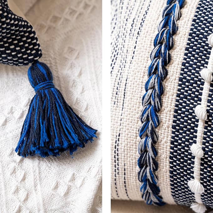 Navy Dark Blue Boho Decorative Lumbar Pillow Cover 14x36, Long Body Pillow for Bed, Accent Lumbar Throw Pillow for Couch, Modern Farmhouse Textured Pillowcase