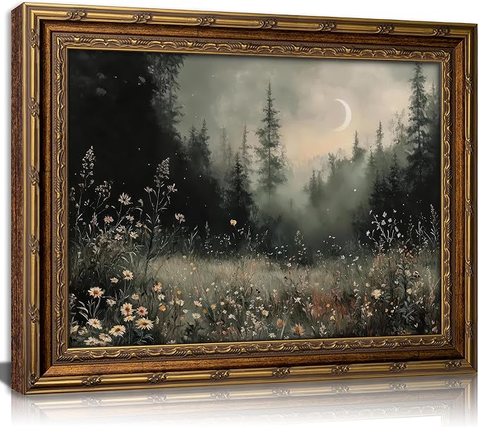 Vintage Gold Framed Moonlit Forest Wall Art Crescent Moon Forest Wildflower Gothic Canvas Print Dark Moody Moon Botanical Flowers Wall Decor Rustic Nature Night Landscape Poster Artwork for Offices