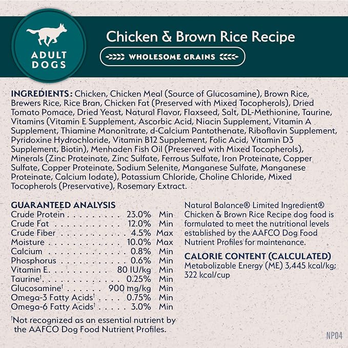 Natural Balance Limited Ingredient Adult Dry Dog Food - Complete Nutrition for Adult Dogs - Wholesome Grains Brown Rice Recipe - Limited Ingredient Formula - 24 lb - Chicken & Brown Rice