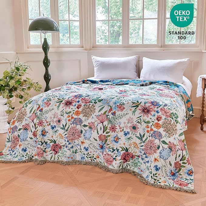 MSGKV Boho Throw Blanket 50"x60" Summer Cotton Orchid Blanket for Couch | 100% Cotton Muslin, Orchid Throw Blanket, Reversible Weave, Soft & Breathable, Elegant Home Accent, Machine Washable
