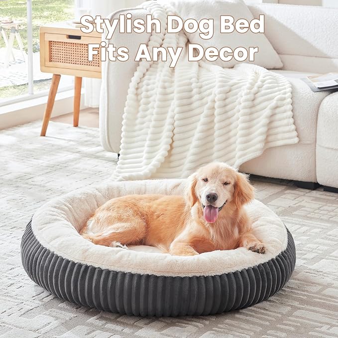 36 inches Calming Donut Dog Bed for Large Dogs,Charcoal | Round Pet Bed with Removable&Washable Cover,Milk Plush Faux Fur, Fits Pets up to 80 lbs