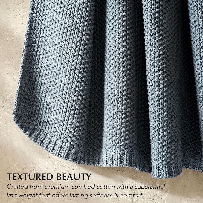 Organic Cotton Chunky Knit Throw Blanket, 50 x 60 Dusk Blue | OCS Certified Organic Cotton, Seed Stitch Knit, Soft & Breathable, Cozy Midweight, Decorative Throw for Couch, Bed & Sofa
