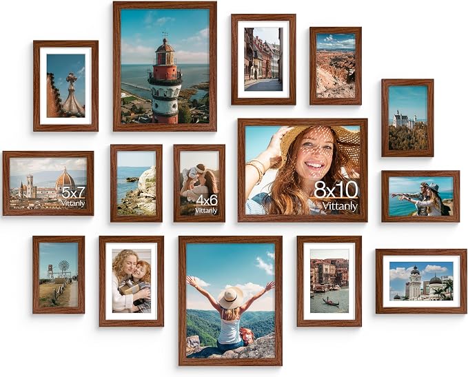 Vittanly 15 Pack Picture Frames Collage Wall Decor, Wall/Tabletop Display | Walnut Brown, Multi-Size Gallery Wall Frame Set: 3pcs 8x10, 6pcs 5x7, 6pcs 4x6. Picture Frame Set for Family