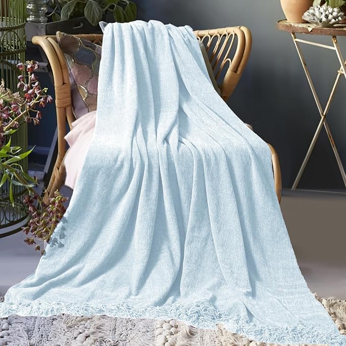 Chenille Throw Blanket for Couch 60" x 80" Twin, Light Blue | Soft Cozy Warm Throws with Fringe Tassel, for Living Room Bed Sofa Chair Cover, Lightweight Knitted Decorative Boho Blankets