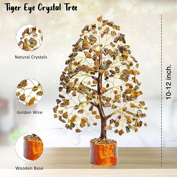 Crocon Tiger Eye Gemstone Tree of Life - Crystal for Feng Shui Decor - Chakra Money Bonsai Tree, Good Luck Healing Crystals Meditation Stones, Spiritual Unique Gift 10-12"""