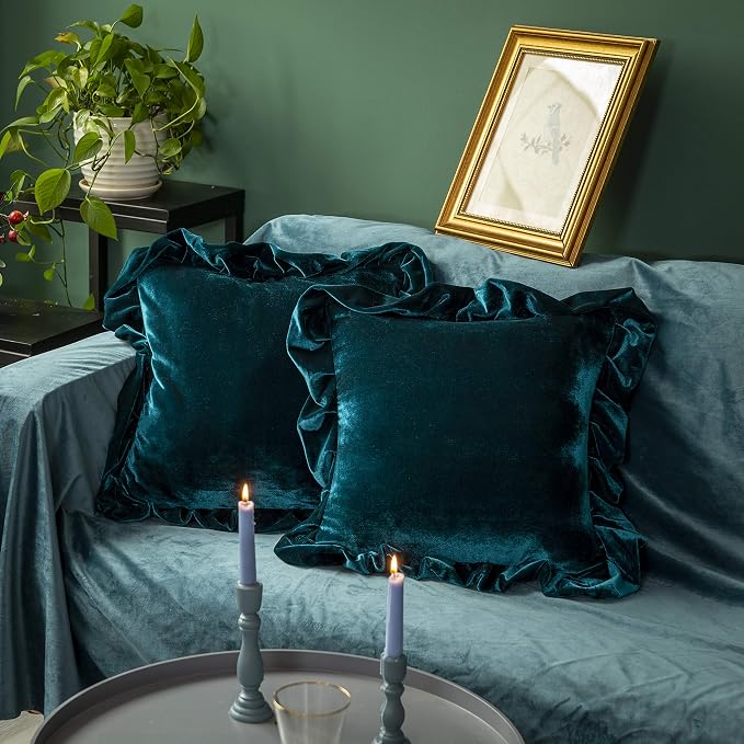 GLORY SEASON Velvet Throw Pillow Cover Soft Decorative Luxurious Solid Square Cushion Case for Sofa Couch Bedroom Farmhouse,Pack of 2, 18 x 18 Inches, Malachite Green
