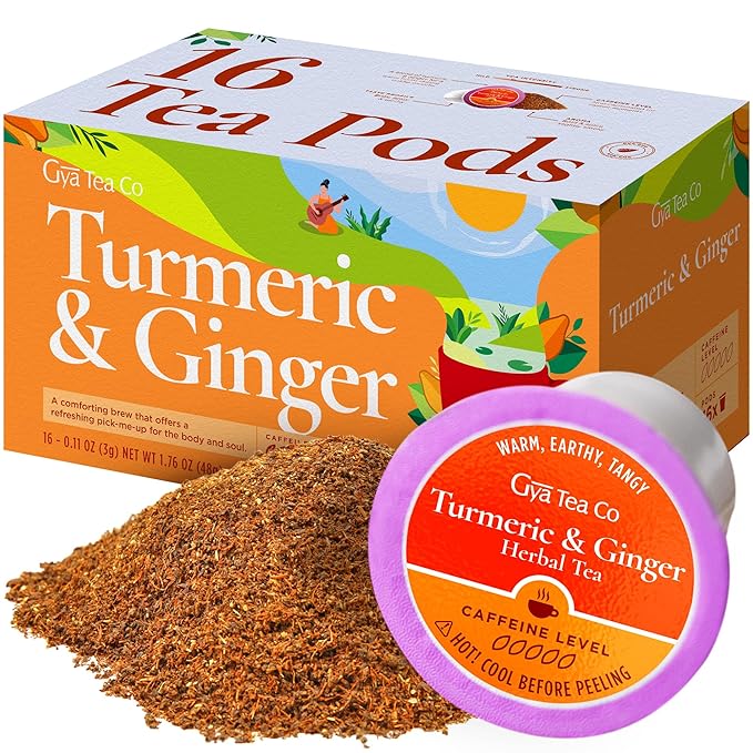 Gya Tea Co Turmeric Ginger Herbal Tea Pod (16 Count)- Decaf Wellness Tea for Body Comfort & Relaxing