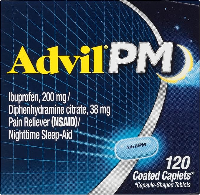 Advil PM Pain Reliever and Nighttime Sleep Aid, Ibuprofen for Pain Relief and Diphenhydramine Citrate for a Sleep Aid - 120 Coated Caplets and Pain Reliever and Fever Reducer, 10 Count Tablets