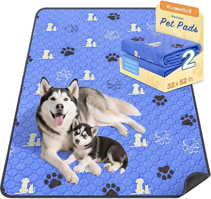 WanpeeGoo Washable Pee Pads for Dogs, Waterproof, 32 x 52 in, 2 Pack, Blue | Super Absorbent, Waterproof and Non-Slip; Washable, Reusable Dog Pads for Crates, Playpens, Floors, Furniture and Travel