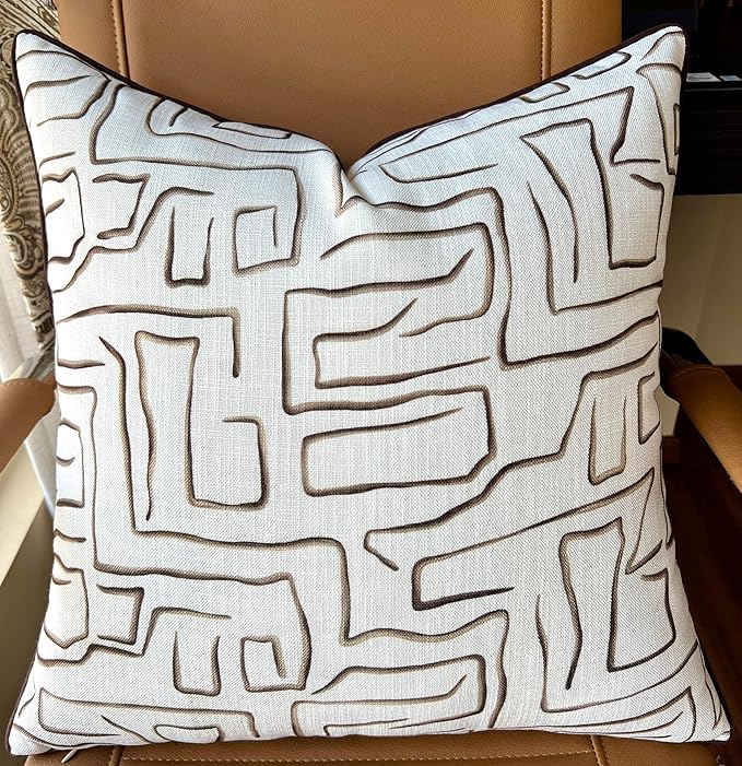Abstract Line Art Print 20x20 Throw Pillow Cover, Brown | Brown abstract line art on off-white slub, brown piping; both sides printed; hidden zip; cover only