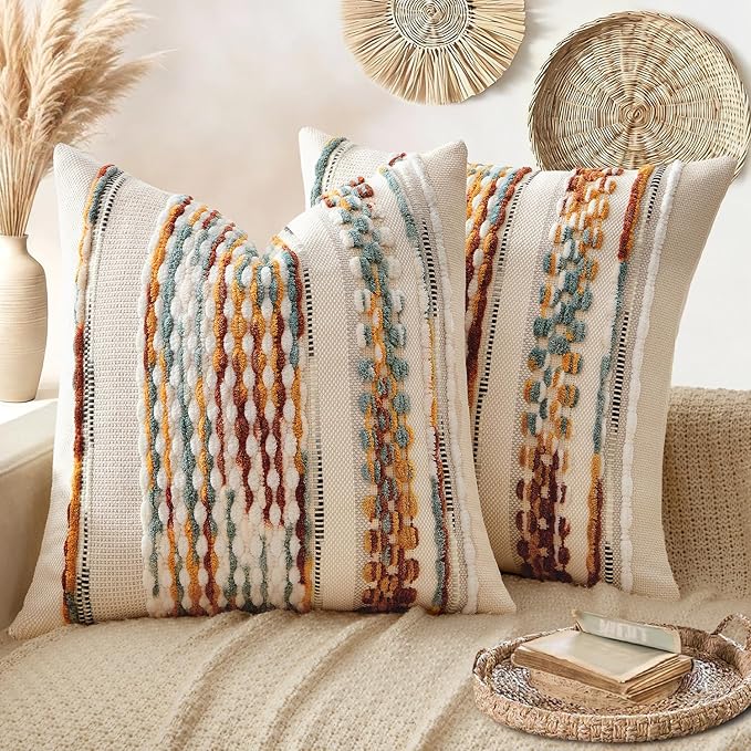 ANRODUO Boho Decorative Throw Pillow Covers Brown Stripe 18x18 Pack of 2 | Throw Pillow Covers, Farmhouse Cushion Case, Chenille Pillow Cases, Pillow Covers, Accent Neutral Pillowcase for Couch Bed