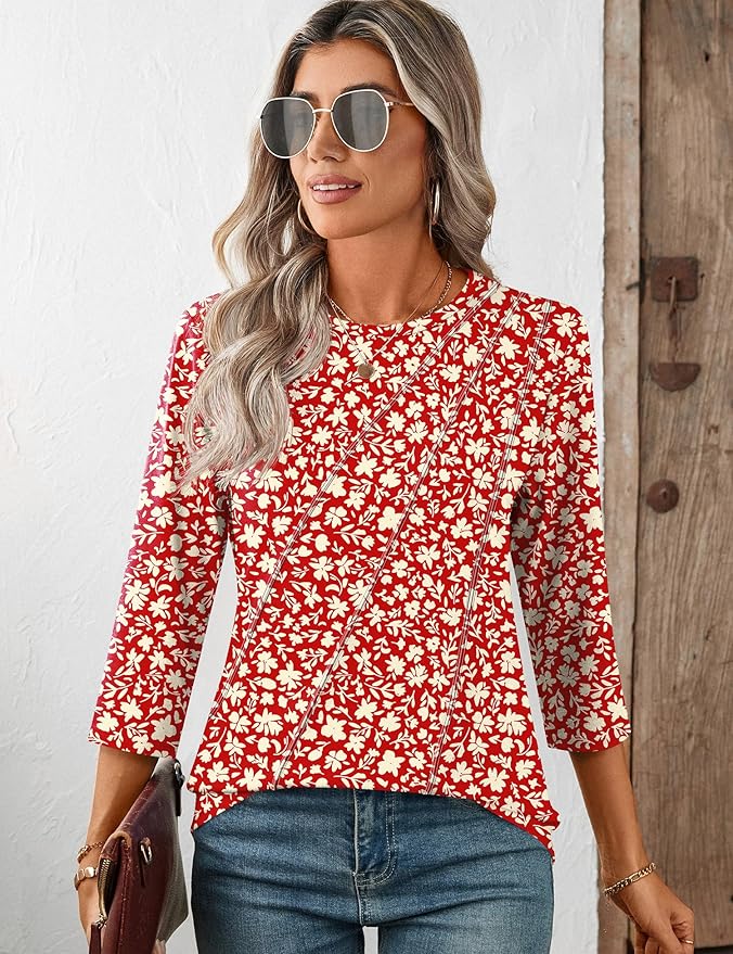 LOMON 3/4 Length Sleeve Womens Tops Spring Summer Fashion 2026 Tops Crew Neck Pleated Shirts Tunic Top Loose Fit