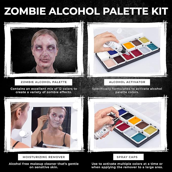 Narrative Cosmetics Zombie Alcohol-Activated Palette, Activator, and Remover Kit, Professional SFX Makeup Set