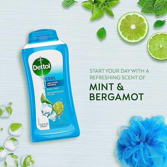 Dettol Cool Body Wash and Shower Gel, Body Wash with Mint and Bergamot, 8.45 Fl Oz (Pack of 1)