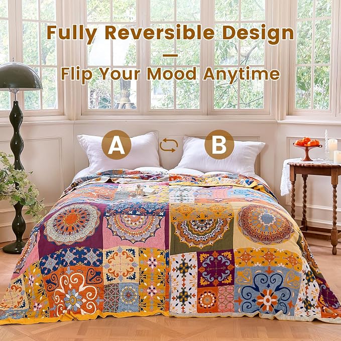 MSGKV Boho Throw Blanket 50"x60" Summer Cotton Roman Woven Throw Blanket | Roman Pattern, Muslin Throw, Reversible Woven, Lightweight Comfort, Decorative Home Accent, All Season Use, Machine Washable