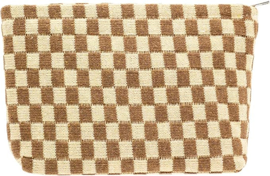 PAZIMIIK Knitted Checkered Makeup Bag Large Zipper Make Up Accessory Pouch for Purse Cosmetic Brush Bag for Travel Essential,Coffee