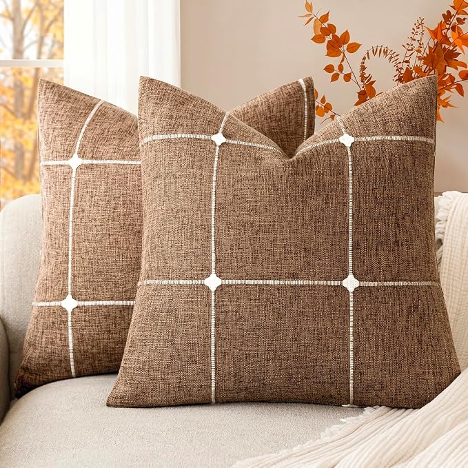 Foindtower Pack of 2 Decorative Faux Linen Jacquard Check Throw Pillow Covers Farmhouse Cushion Cover with Grid Textured Accent Pillowcase for Couch Sofa Living Room Home Decor,22×22 Inch,Orange Brown