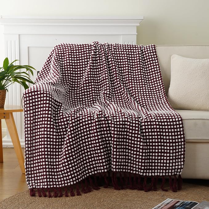 Bunnikins & Clover Knitted Red Purple Throw Blanket, Cozy Warm Lightweight Chenille Throw Blanket for Bed, Sofa, Home Decor, 50"x60"