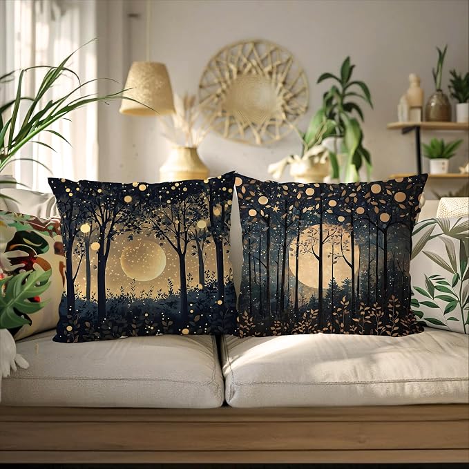Rustic William Morris Inspired Gold Moon Pillow Covers 18x18 Set of 2,Vintage Black and Gold Moon Forest Botanical Nature Landscape Decorative Throw Pillow Covers for Home Bedroom Living Room