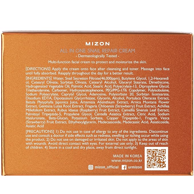 MIZON All-in-One Snail Repair Cream – Korean Face Moisturizer with Snail Mucin & 12 Natural Extracts – Hydrating & Nourishing Cream for Fine Lines, Wrinkles & Blemish Care | Travel Size(1.18 Fl Oz)