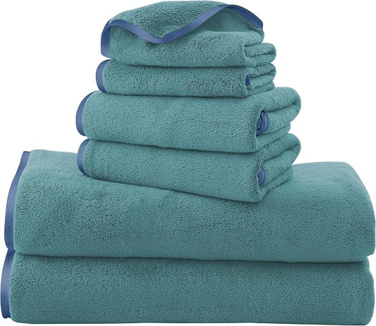 TENSTARS Luxury Silk Hemming Towel Set - Light Thin Quick Drying - 2 Bath Towels 2 Hand Towels 2 Washcloths - Ultra Soft Microfiber Towel for Bath Fitness, Sports, Yoga, Travel (Teal 6 Pieces)