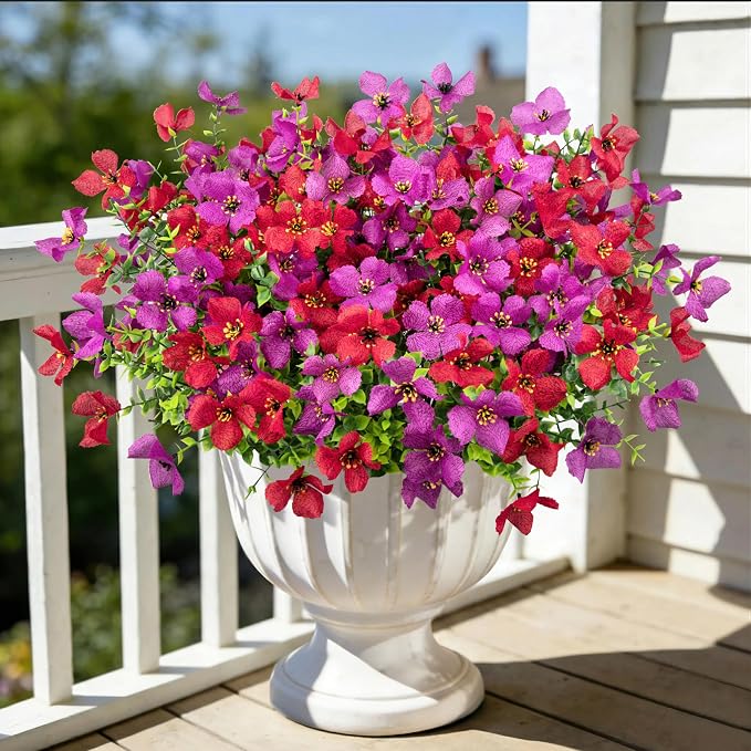 16 Pcs Artificial Flowers for Outdoors Decoration, Purple & Red | Realistic, silk flowers, faux plastic plants, UV resistant, for summer garden porch window vase indoor outdoor home decor