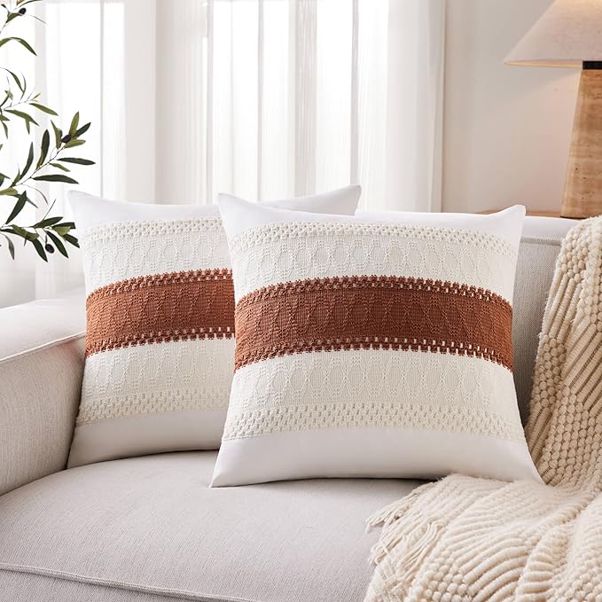 2pk Boho Pillow Covers 16x16, Natural White/Contrast/Terracota | 100% Organic Cotton Body, Stripe Embroidery, Farmhouse Decorative Cushion Covers for Sofa Bed Living Room Home Decor