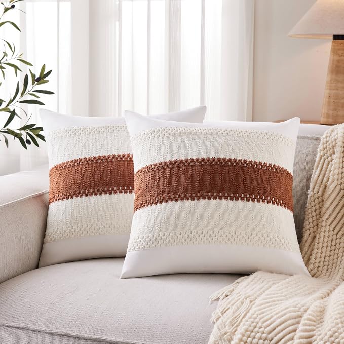 2pk Boho Pillow Covers 18x18, Natural White/Contrast/Terracota | 100% Organic Cotton Body, Stripe Embroidery, Farmhouse Decorative Cushion Covers for Sofa Bed Living Room Home Decor