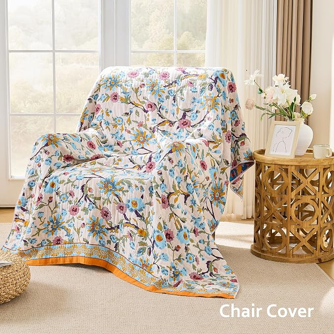 VANJOROY Boho Throw Blanket, 100% Organic Cotton Breathable Skin-Friendly Ultra Soft 60" x 80" Bed Quilt Throw - Floral Rustic Decor Luxury Reversible Blanket for Sofa Couch Chair and Gift,