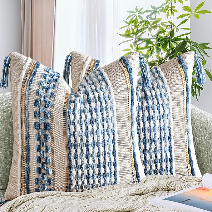 Set of 2 Chenille Striped Textured Boho Throw Pillow Covers Aesthetic with Tassels Woven Decorative Pillow Case for Couch Bed Sofa Bedroom Modern Funky 18 x 18-Inch Sky Blue