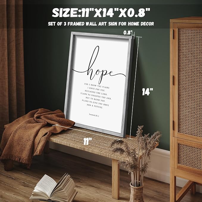 Houmury Set of 3 Framed Farmhouse Bible Verses Wall Decor Sign 11”x14” Christian Faith Scripture Wall Art for Home Bedroom Wall Decor (11"x14" Grey)