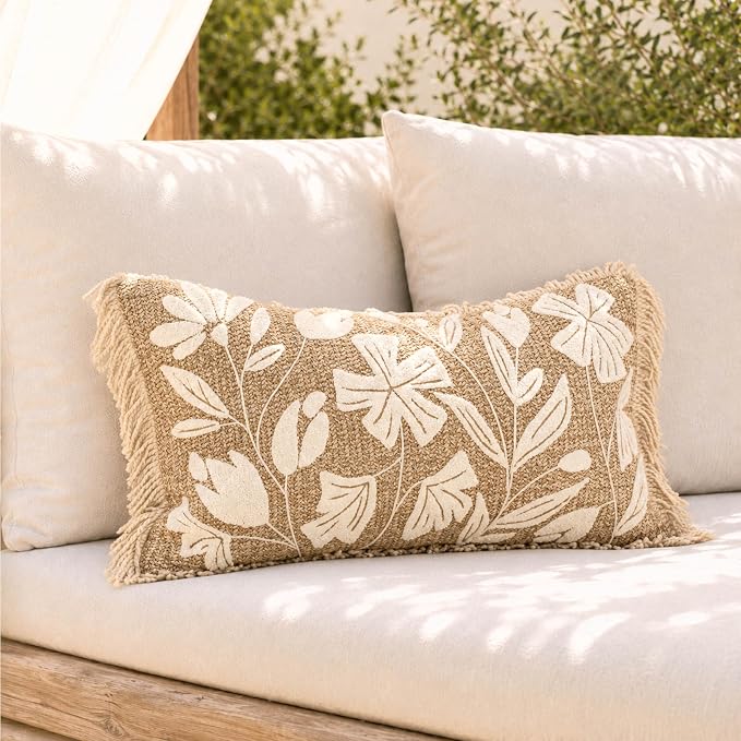 Lumbar Pillow Cover 12x20 Inch Indoor Outdoor, Jute Inspired Floral Tufted Decorative Accent Pillow Case for Patio Couch Sofa Living Room, Cover Only