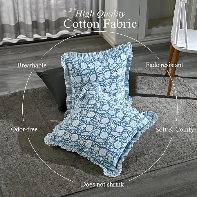 CPC Blue Meadow Hand Block Print 100% Cotton Ruffle Throw Pillow Cover 18x18 inch with Hidden Zipper Decorative for Couch, Bed, Sofa, Farmhouse, Cottagecore Decor Gift Christmas Fall Thanksgiving