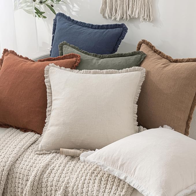 MIULEE Linen Decorative Euro Throw Pillow Covers Light Olive Green 24x24 | Set of 2, Cottagecore Decor, Boho Farmhouse Neutral Fringe Pillow Covers, Rustic Couch Cushions for Sofa Bed Living Room